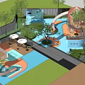 Fun Children's Play Area With Slide Water Pool Dome Structure And Green Plants