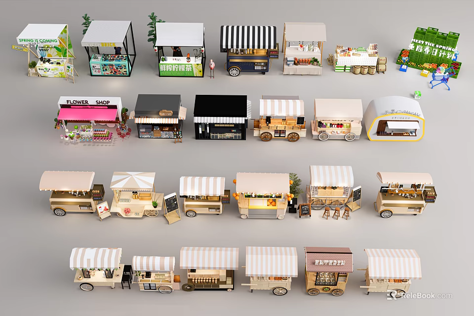 Various Mobile Food Truck Designs With Colorful Canopies And Vending Styles 3d model 