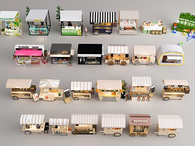 Various Mobile Food Truck Designs With Colorful Canopies And Vending Styles 3d model