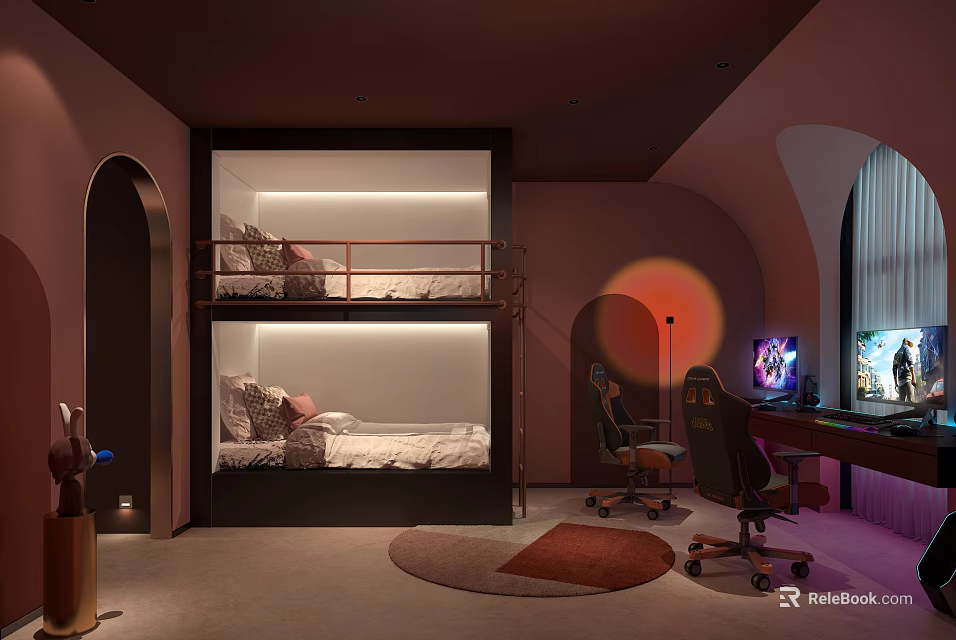Hotel Guest Room With Bunk Bed Work Desk Computer Chairs Arched Doorway Modern Lighting 3d model 