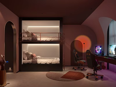 Hotel Guest Room With Bunk Bed Work Desk Computer Chairs Arched Doorway Modern Lighting 3d model
