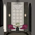 Elegant Entryway Hallway With Circular Wall Decor Chandelier Pink Chairs And Flower Arrangement
