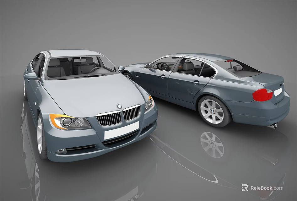 Silver BMW Sedan Cars Two with Front and Side Views on Reflective Surface 3d model 