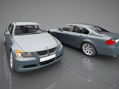 Silver BMW Sedan Cars Two with Front and Side Views on Reflective Surface 3d model