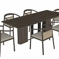 Modern Dining Table Set With Rectangular Gray Tabletop Dark Legs And Six Woven Back Chairs 3d model