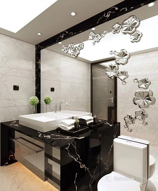 Modern Bathroom Vanity With Marble Countertop Mirror Green Plants And Towels 3d model 