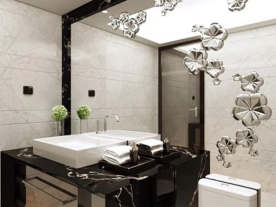 Modern Bathroom Vanity With Marble Countertop Mirror Green Plants And Towels 3d model