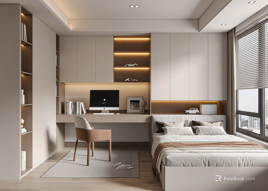 Modern Tatami Bedroom Interior Design With Wooden Desk Computer Built in Bookshelves And Cozy Bed 3d model 