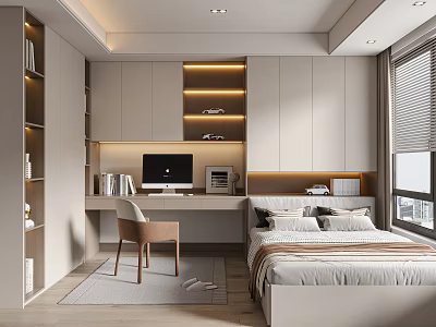 Modern Tatami Bedroom Interior Design With Wooden Desk Computer Built in Bookshelves And Cozy Bed 3d model