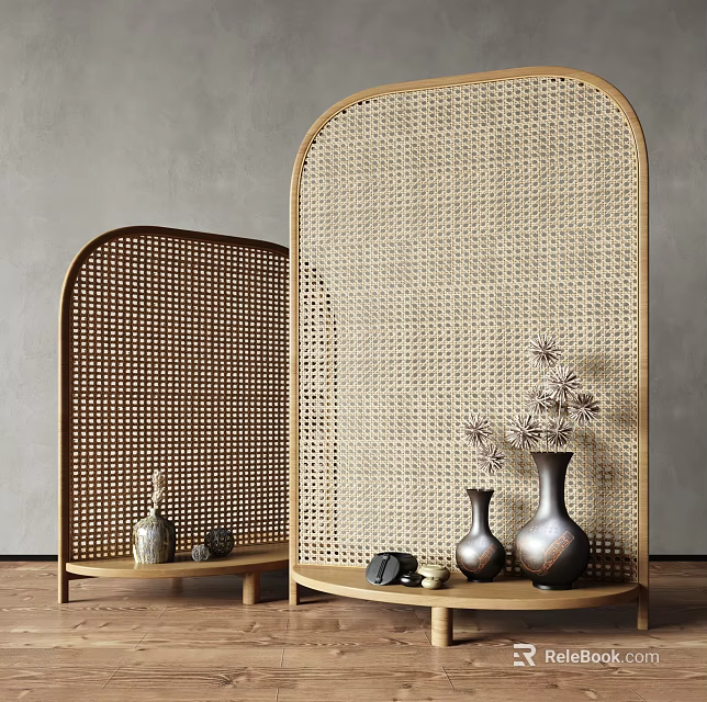 Wooden Arched Woven Partition With Decorative Vases For Interior Space Separation 3d model 