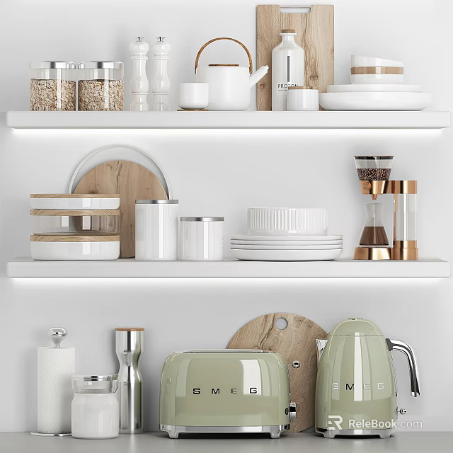 White Kitchen Shelves With Jars Teapot Plates Mugs Coffee Maker Toaster And Wooden Cutting Boards 3d model 
