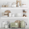 White Kitchen Shelves With Jars Teapot Plates Mugs Coffee Maker Toaster And Wooden Cutting Boards