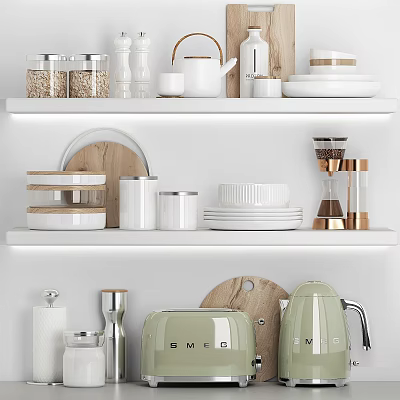 White Kitchen Shelves With Jars Teapot Plates Mugs Coffee Maker Toaster And Wooden Cutting Boards 3d model