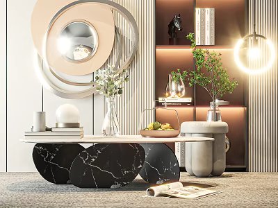 Modern Coffee Table With Marble Top Decorative Plants Vases And Ambient Lighting 3d model