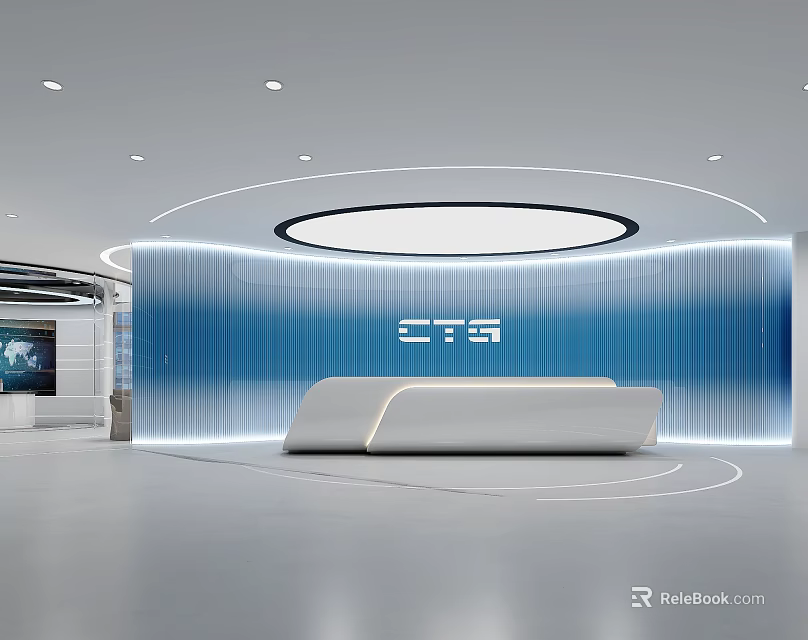 Modern Reception Desk With Blue Panel Wall And Circular Lighting In Contemporary Office Lobby 3d model 