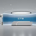 Modern Reception Desk With Blue Panel Wall And Circular Lighting In Contemporary Office Lobby