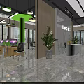 Modern Public Office Workspace With Open Desks Computers Green Plants Pendant Lights And Floor-to-Ceiling Windows