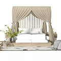 Modern Canopy Double Bed Interior With Beige Curtains Nightstands Table Lamps Green Plant And Ottoman
