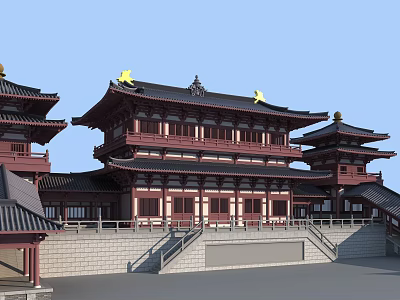 Traditional Chinese Ancient Architecture Featuring Multi Story Red Structure Black Roof And Yellow Ornaments 3d model