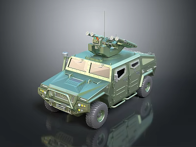 Green Armored Military Off Road Vehicle With Sturdy Design And Roof Mounted Equipment 3d model
