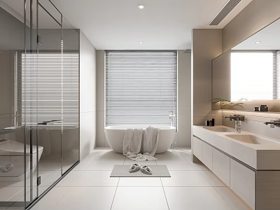 Modern Bathroom Interior Design With Freestanding Bathtub Double Sink Vanity And Window Blinds 3d model