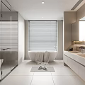 Modern Bathroom Interior Design With Freestanding Bathtub Double Sink Vanity And Window Blinds
