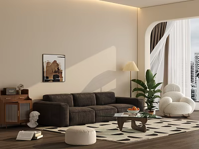 Warm Modern Living Room Interior With Brown Sofa Coffee Table Floor Lamp And Green Plant 3d model