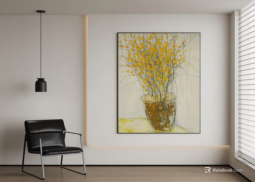 Modern Interior With Yellow Flower Painting Black Leather Chair And Pendant Light 3d model 