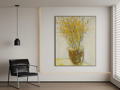 Modern Interior With Yellow Flower Painting Black Leather Chair And Pendant Light 3d model