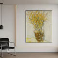 Modern Interior With Yellow Flower Painting Black Leather Chair And Pendant Light