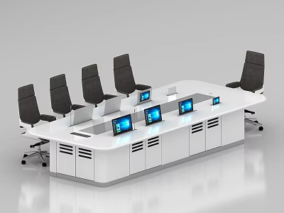 Modern Conference Room With White Table Black Chairs And Multiple Monitors 3d model