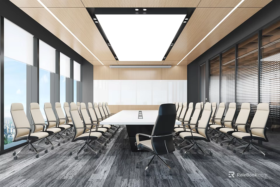 Modern Conference Room Interior With Long Table Black Beige Chairs Wooden Ceiling And Large Windows 3d model 