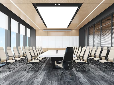 Modern Conference Room Interior With Long Table Black Beige Chairs Wooden Ceiling And Large Windows 3d model