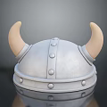 Viking Helmet Sculpture With Curved Horns And Decorative Metal Rivets Design