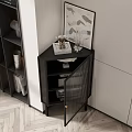 Stylish Modern Black Cabinet With Ribbed Glass Doors And Decorative Artwork Near Bookshelf
