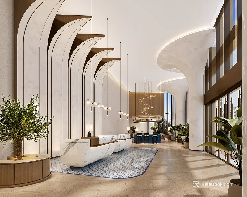 Modern Hotel Lobby Interior With Curved Arches Pendant Lights And Green Plants 3d model 
