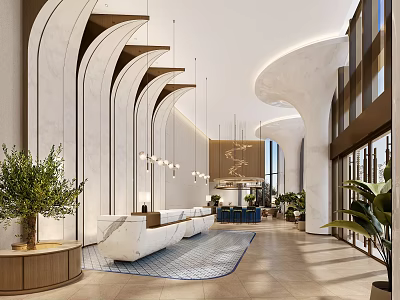 Modern Hotel Lobby Interior With Curved Arches Pendant Lights And Green Plants 3d model