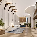 Modern Hotel Lobby Interior With Curved Arches Pendant Lights And Green Plants