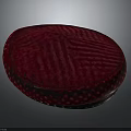 Red Round Hat With Striped Surface And Polka Dot Details Featuring Black Trim