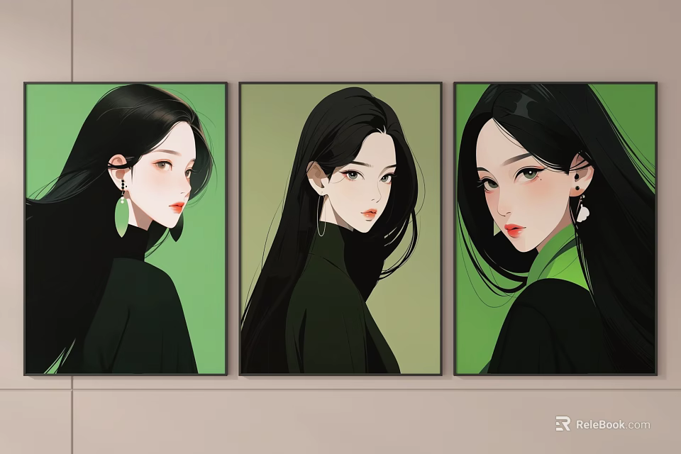 Three Portrait Paintings of Long Haired Woman in Black with Green Background and Earrings 3d model 