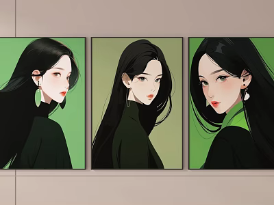Three Portrait Paintings of Long Haired Woman in Black with Green Background and Earrings 3d model