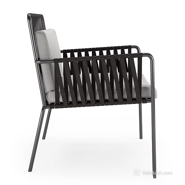 Modern Leisure Chair With Black Metal Frame Woven Back And Comfortable Fabric Cushion 3d model 