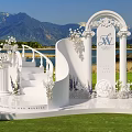 Romantic Garden Landscape With Green Lawn White Decorative Arch Floral Decor Lake View And Mountain Backdrop