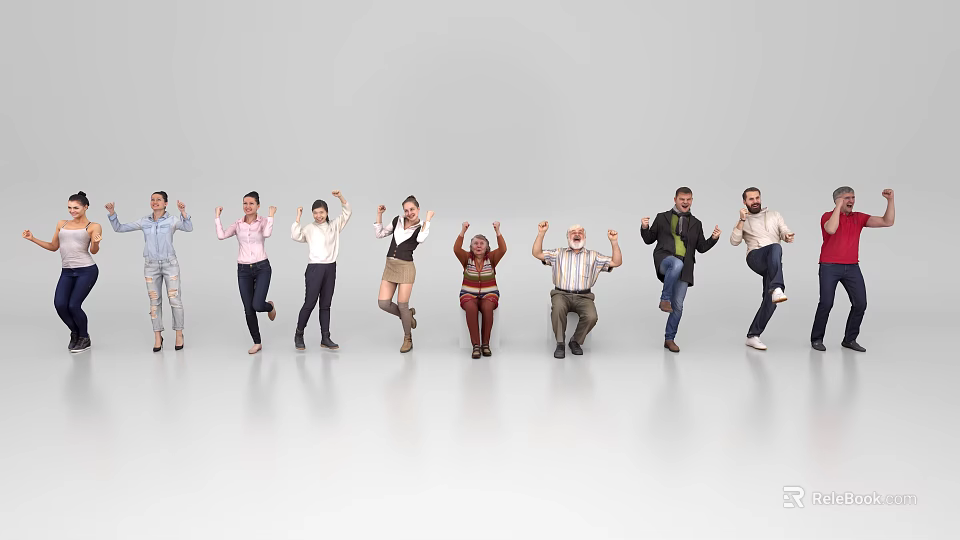 Group of diverse people standing in line with different poses and gestures 3d model 