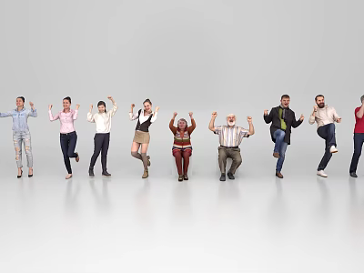 Group of diverse people standing in line with different poses and gestures 3d model