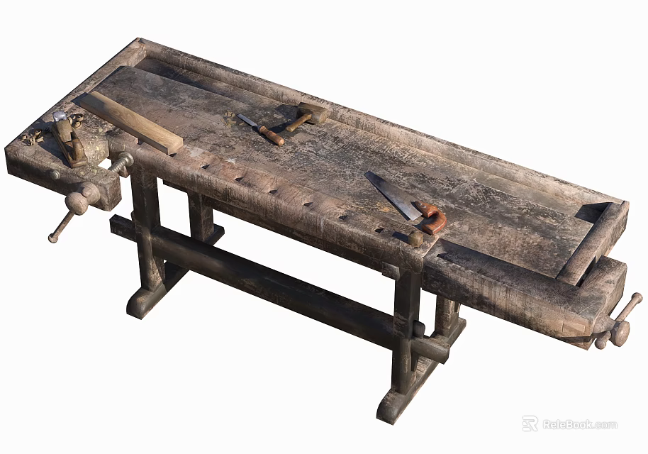 Vintage Wooden Workbench With Hand Tools Hammer Saw And Vise On Rustic Surface 3d model 