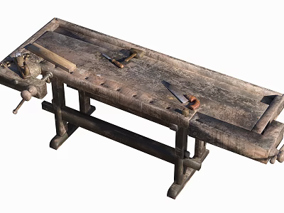 Vintage Wooden Workbench With Hand Tools Hammer Saw And Vise On Rustic Surface 3d model