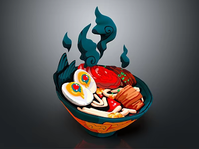 Blue And Orange Decorative Bowl With Steaming Crab Egg And Assorted Vegetables 3d model