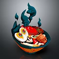 Blue And Orange Decorative Bowl With Steaming Crab Egg And Assorted Vegetables
