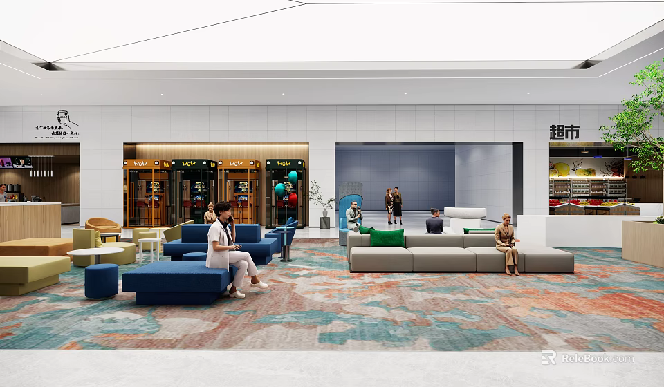 Modern Front Desk Reception Area With Sofa Seating People And Colorful Floor Tiles Near Supermarket 3d model 